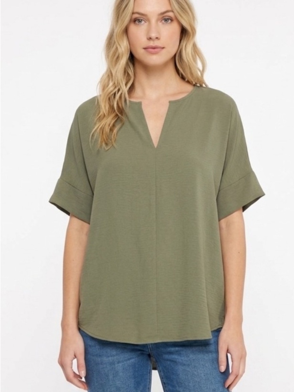 Zenana Outfitters Olive Green Split V-Neck Dolman Sleeve Top